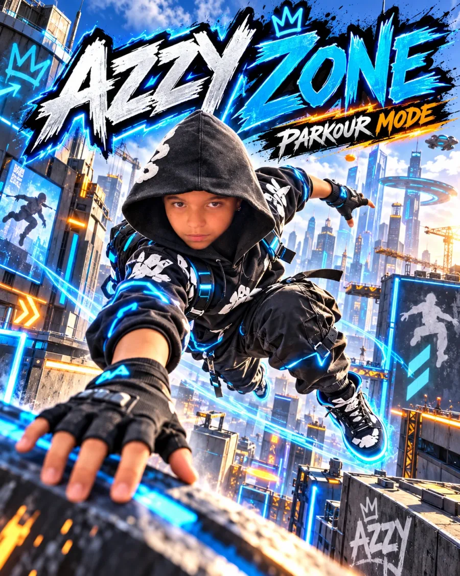 Azzy Zone — Parkour Mode: a runner in a black hoodie leaps across neon rooftops